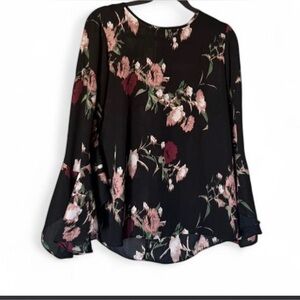 Vince Camuto Black Floral Long-Sleeve Blouse with Pink & Burgundy Blooms